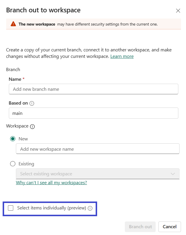 Option Select items individually en préversion dans le branch-out Fabric.